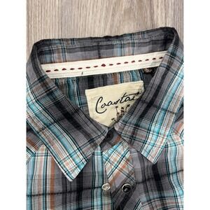 Coastal Mens Plaid Western Snap Button Long Sleeve Shirt Grey Teal Orange Large